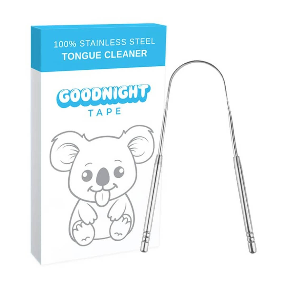 Goodnight Tape stainless steel tongue cleaner with packaging and product